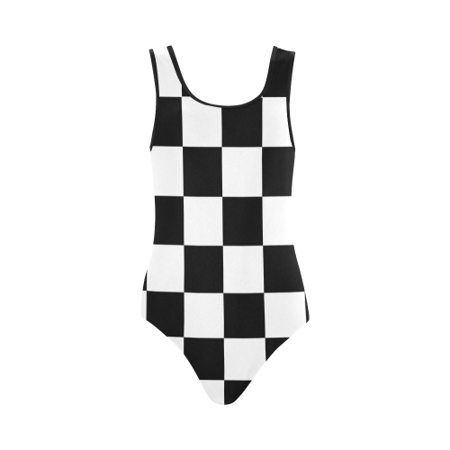 Black White Checkers Vest One Piece Swimsuit (Model S04)