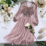 Women Slim V-Neck Mesh Hollow Out Lace High Waist Two-Piece Dress