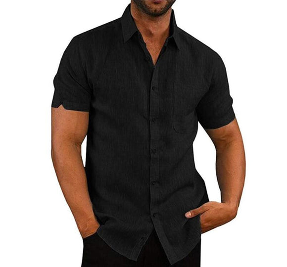 Men Short Sleeve Shirt Lapel Neck Button Pockets Solid Top