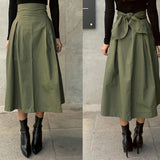 Women Korean Solid Color Big Swing Wild High Waist Bow Slim Long Skirt