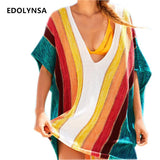 EDOLYNSA Women's Beach Cover Up Striped Crochet Robe de Plage Pareos