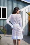 Women's Hollow Knit Swimsuit Cover Up Long Sleeve Top Tunic Shirt Dress