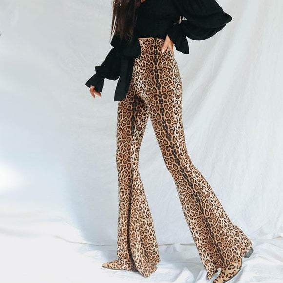 Women Leopard Animal Print Flare Pants High Waist Trousers