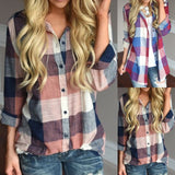 Women Color Patchwork Long Sleeve Button Loose Plaid Shirt Top