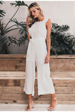 Women's Cotton Linen Ruffled Embroidery Jumpsuit Hollow Out Sashes