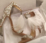Women Sandals Rhinestone Zipper Feather High Heel Pumps Shoes