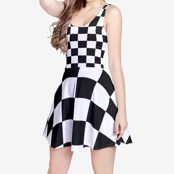 Black White Checker Women's Sleeveless Midi Casual Flared Skater Dress