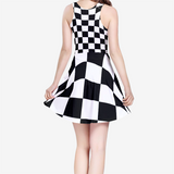 Black White Checker Women's Sleeveless Midi Casual Flared Skater Dress