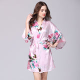 Women Faux Silk Robe Satin Large Size Floral Bathrobe Short Nightwear Pajamas Kimono