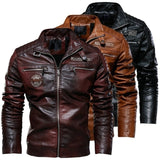 Men PU Leather Jacket Zipper Long Sleeve Turn Down Collar Coat
