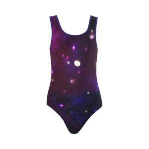 Midnight Blue Purple Galaxy Vest One Piece Swimsuit (Model S04)