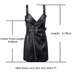 PU Leather Women V Neck Mini Bodycon Sleeveless Zipper Short Dress