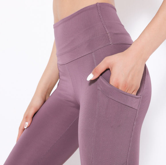 Women Yoga Vertical Threaded High Waist Peach Hips Sports Pants