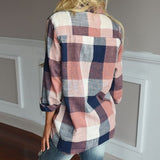 Women Color Patchwork Long Sleeve Button Loose Plaid Shirt Top