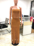 Women Fringe Tassel Strapless Top Skirt Two Piece Set Hollow Out Outfit Elastic
