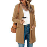 Women Foreign Trade Sweater Solid Mid-Length Pocket Knitted Cardigan