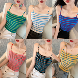 Women Knitted Rib Striped Spaghetti Strap Slim Fit Cropped Top