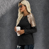 Women Sequin Stitching Round Neck Long Sleeve Solid Slim Top