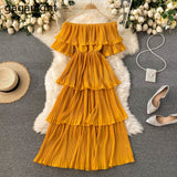 Women Glamorous Slim Fairy Slash Neck Short Sleeve Cake Knee-Length Robe Dress