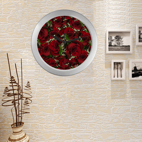 Carmine Roses Silver Color Wall Clock