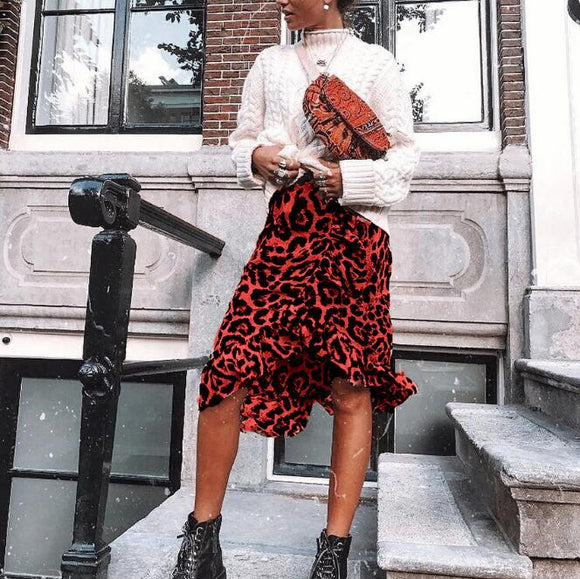 Women Leopard Midi Ruffles Zipper Chiffon High Waist Pencil Skirt