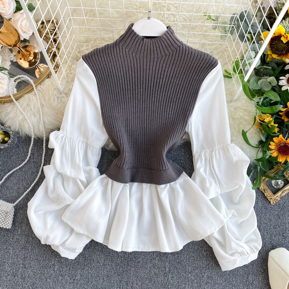 Women's Knit Patchwork Fake Two-Piece Slim Fit Lantern Sleeved Shirt Tide Turtleneck Sweater Top