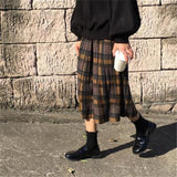 Women Vintage Wool Pleated Plaid High Waist Long Streetwear Skirt