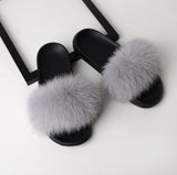 Women Flat Non-slip Solid Real Fox Fur Hair Slides Slippers