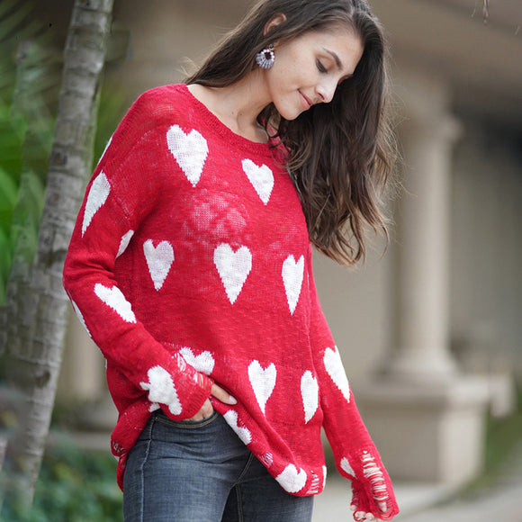 Fitshinling Women's Ripped Heart Long Sleeve Sweater Hollow Out Pullovers