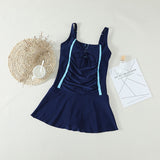Women Skirt Style One Piece Solid Color Pleated Suspenders Swimsuit