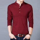 Men Cotton Solid Color Slim Style Mandarin Collar Long Sleeve Top
