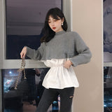 Women's Patchwork Sweater Shirt Knit Fake Two Pieces O-neck Long Sleeve