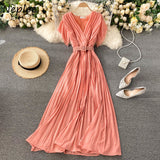 Women Neploe Slim Fit Long Chiffon Pleated Solid Color Elegant V-neck Drawstring New French Style Dress