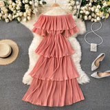 Women Glamorous Slim Fairy Slash Neck Short Sleeve Cake Knee-Length Robe Dress