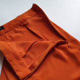 Haoduoyi Women Orange Wide Leg Chiffon High Waist Drawstring Front Trousers Pants