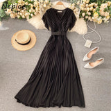 Women Neploe Slim Fit Long Chiffon Pleated Solid Color Elegant V-neck Drawstring New French Style Dress