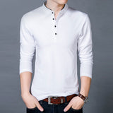 Men Cotton Solid Color Slim Style Mandarin Collar Long Sleeve Top