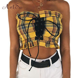 Plaid Ruffle Lace Up Tank Top Boho Yellow Crop Off Shoulder Backless