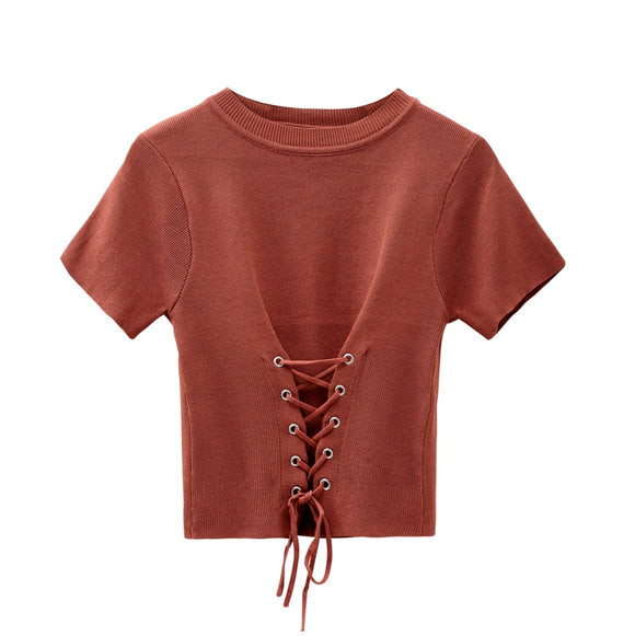 Women O-Neck Knitted Short Sleeve Solid Lace Up Cropped Elastic Top