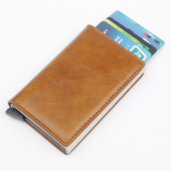 Men Aluminium Alloy Credit Card Holder PU Leather Antitheft Automatic Metal RFID Wallet