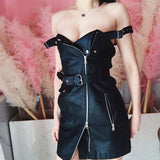 Women PU Leather V Neck Mini Sash Zipper Sundress Vestidos
