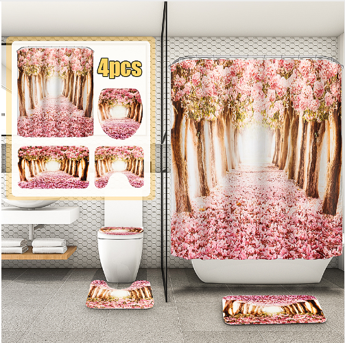 Europe Pink Sakura Tree Pattern Bathroom Shower Curtain Four-Piece Set