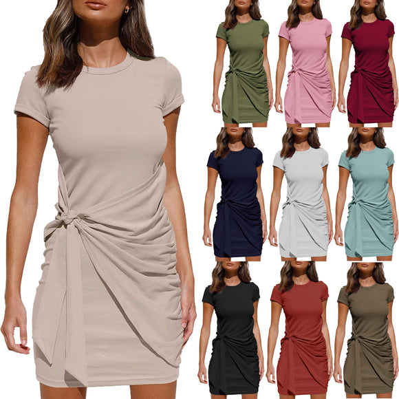 Women Self Tie Draped T-Shirt Solid Colors Short Sleeve Dress