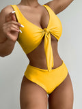Women Solid Color Bow Swimsuit European American Style Bikini Set