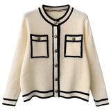 Women's O-neck Long Sleeve Pockets Knitted Cardigan Top