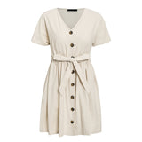 Women Vintage Button Shirt V Neck Short Sleeve Cotton Linen Short Above Knee Dress