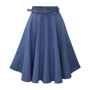 Denim Jeans A line High Elastic Waist Streetwear Midi Pleated Women's Skirt