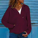 Women Solid Loose Pocket Zipper Hooded Long Sleeve Simple Sweater