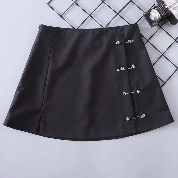 Women Side Split Brooch High Waist Side Zipper Short A-Line Mini Skirt