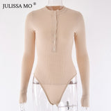 Women V Neck Knitted Long Sleeve Buttons One Piece Solid Color Bodysuit